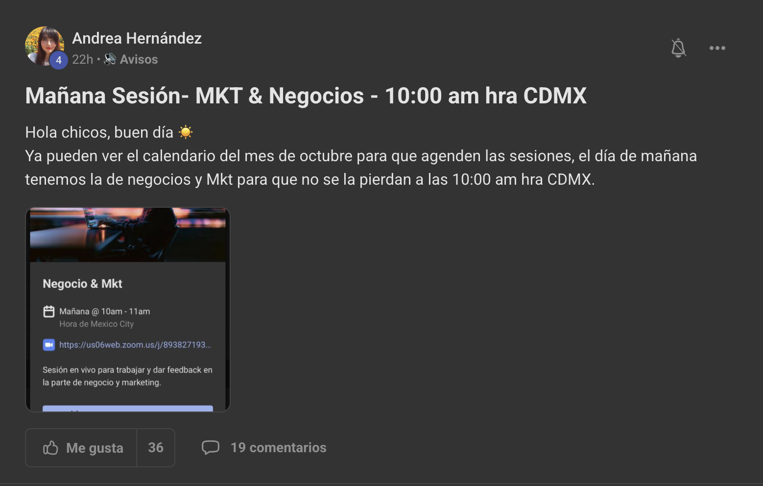Anuncio de sesión semanal de marketing y negocios