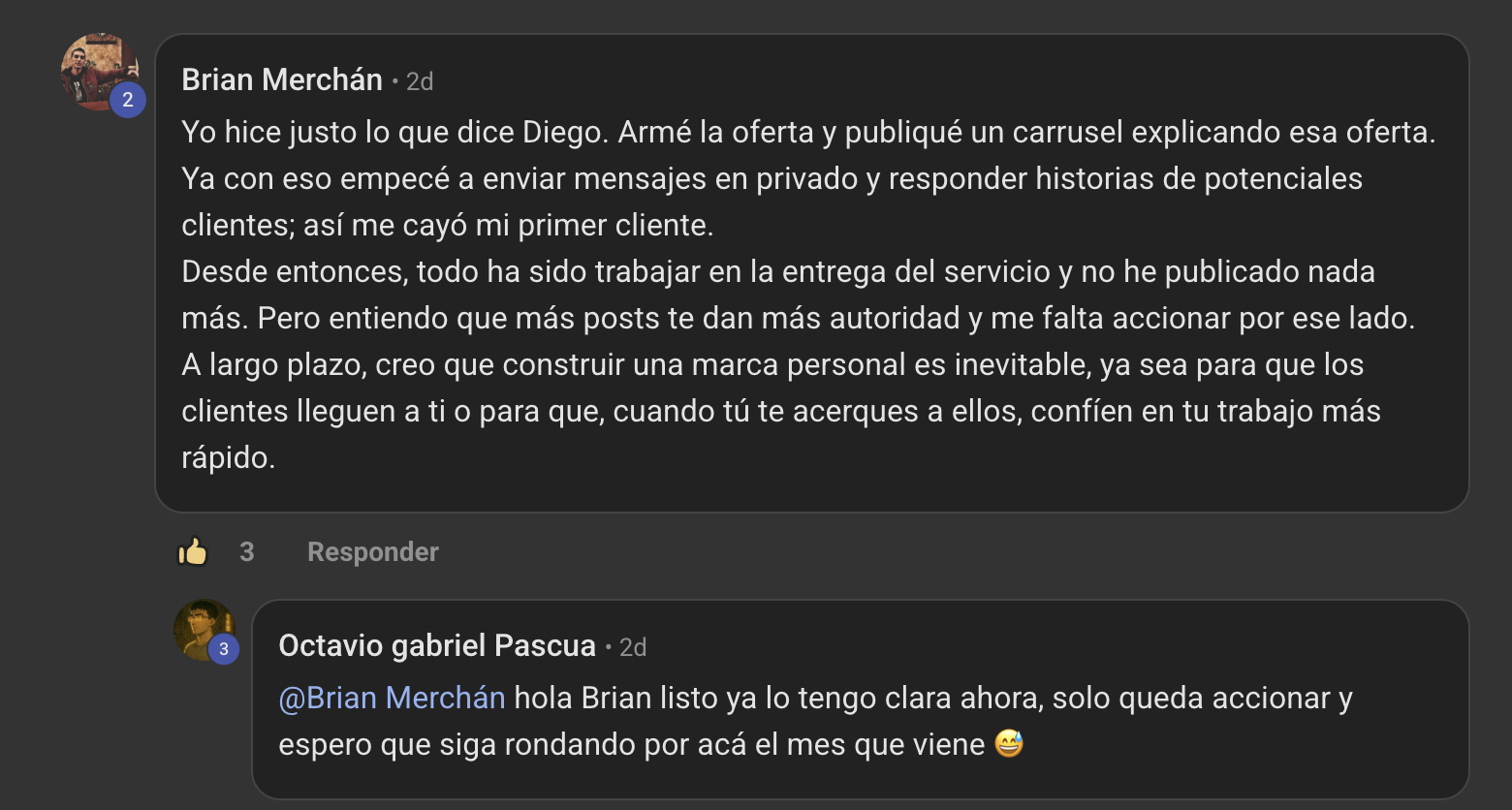 Comentario de un editor compartiendo su progreso