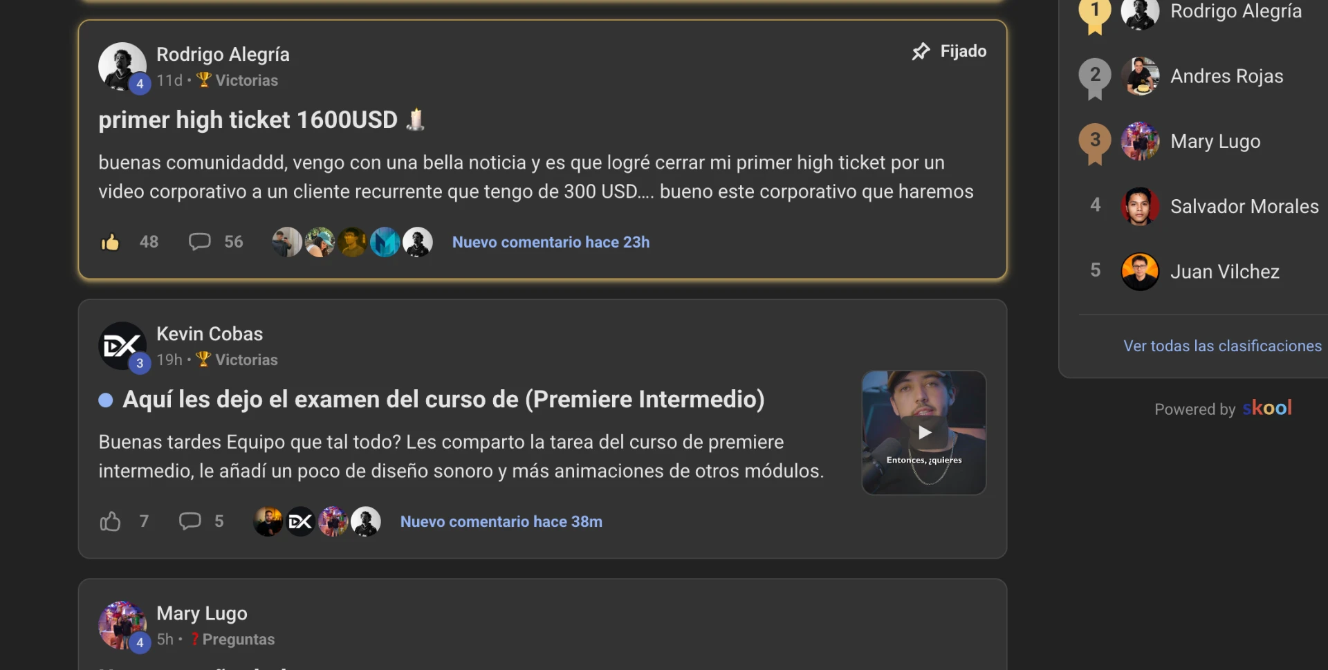 Feed de la comunidad con victorias de los editores